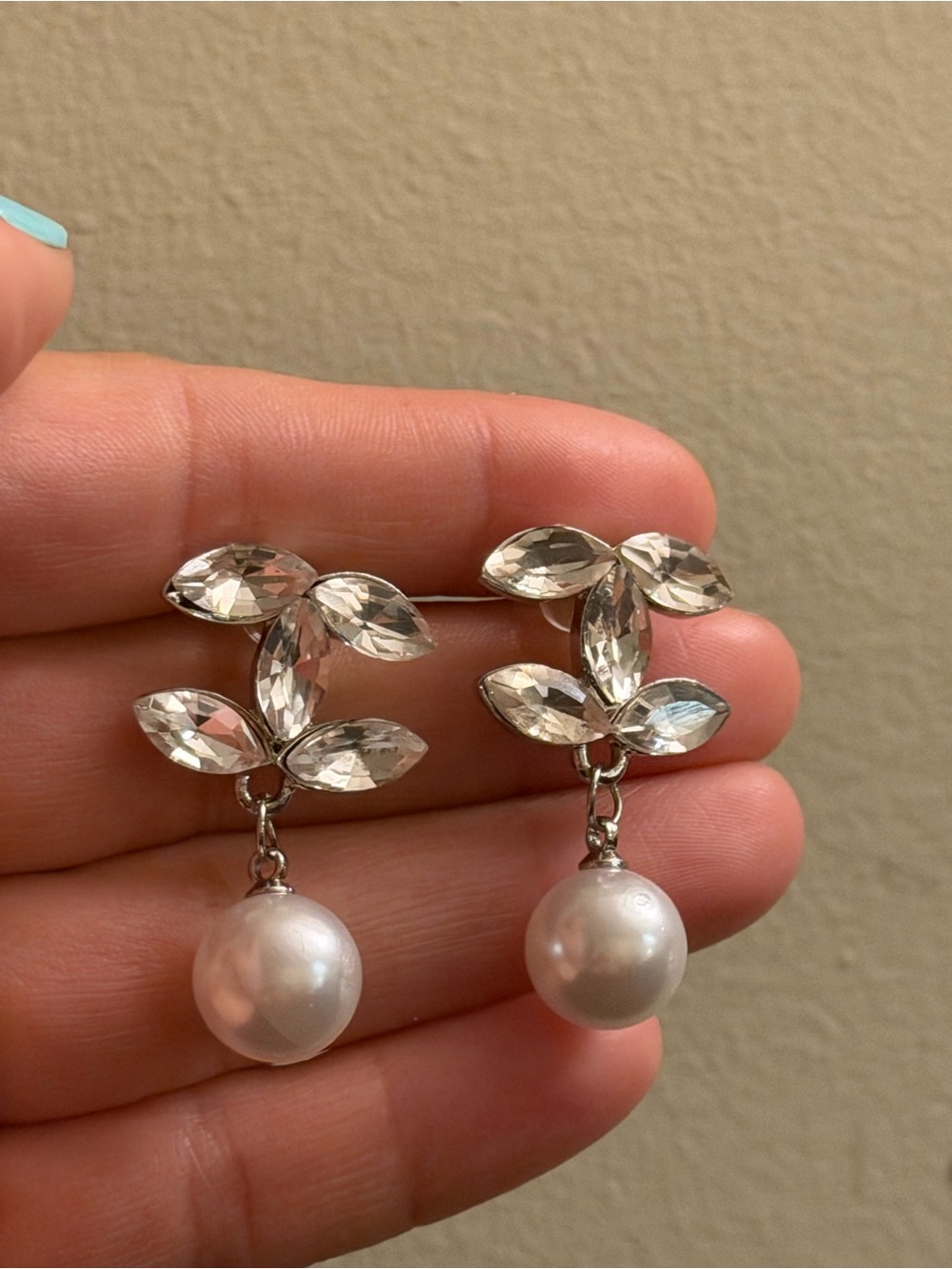 Crystal cc Earrings with Pearl Accent - Silver Tone